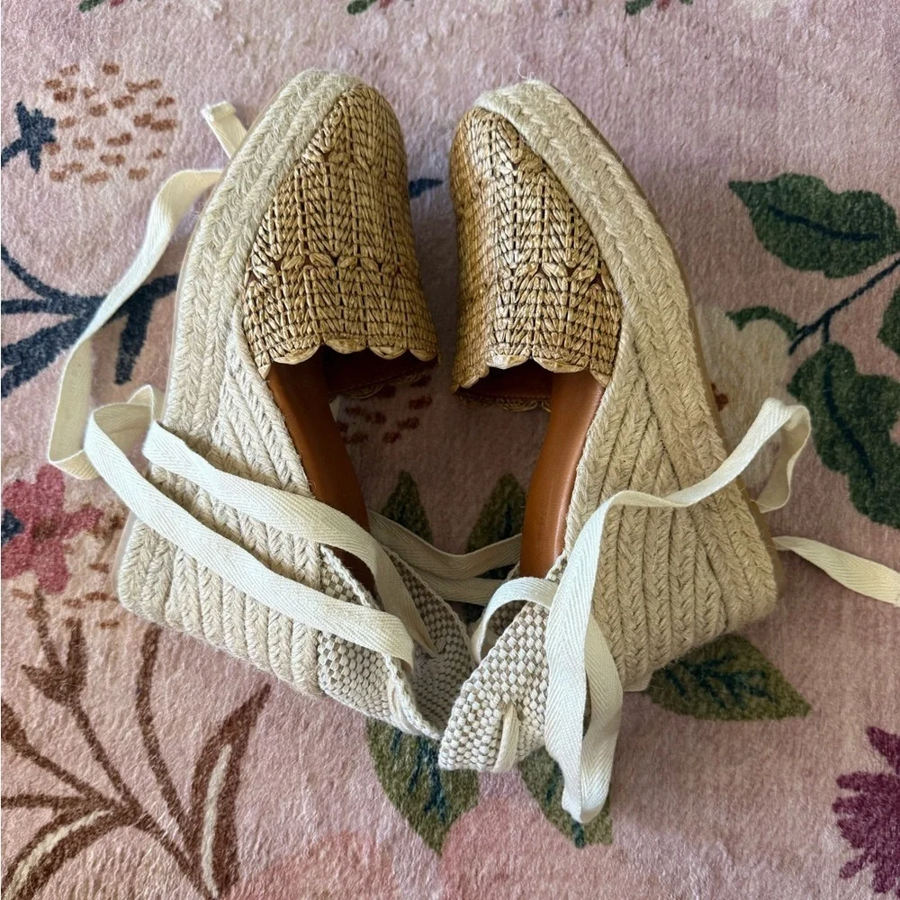 Modatrova Stilvi Raffia Espadrille Wedges Ankle Tie Natural EU 38